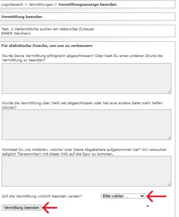 Vermittlungsanzeige beenden