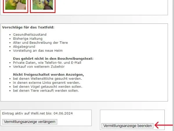 Vermittlungsanzeige beenden