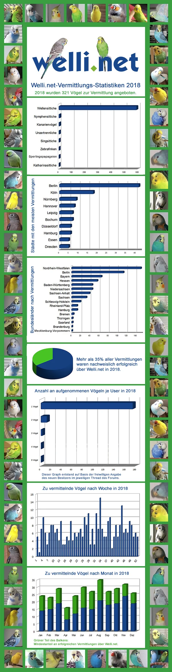 Wellensittich-Bild: Im Jahr 2018 haben zu mindestens 35% aller zu vermittelnden Vögel über Welli.net ein neues Zuhause gefunden. Leider haben wir nicht überall eine Rückmeldung erhalten, sonst wäre die Statistik sicher noch positiver für Welli.net ausgefallen.