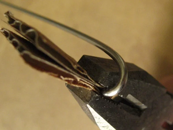 Wellensittich-Bild: Nicht immer klappt es, dass man wie oben ein größeres Stück hat, welches man in ein vorgebohrtes Loch stecken kann. Bei kleinen Haken sollte man schon eine Zange zur Hand nehmen. Damit der Edelstahl nicht zerkratzt, habe ich diesen einfach in Pappe gehüllt. Ein Stück Stoff funktioniert genauso gut. Die verwendete Zange ist hier eine Mehrzweckzange, ähnliche 
